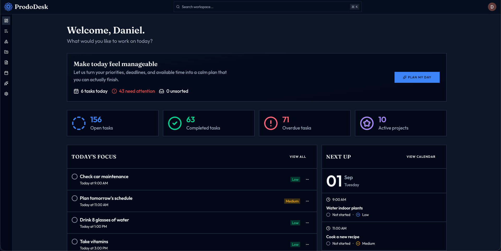 ProdoDesk productivity dashboard-dark