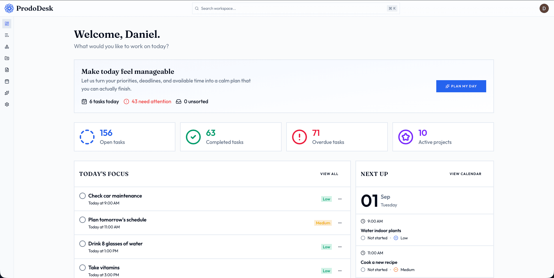 ProdoDesk productivity dashboard-light